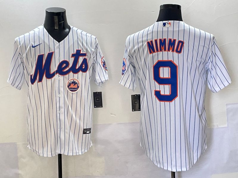 Men New York Mets 9 Nimmo White Stripe Game 2025 Nike MLB Jersey style 2